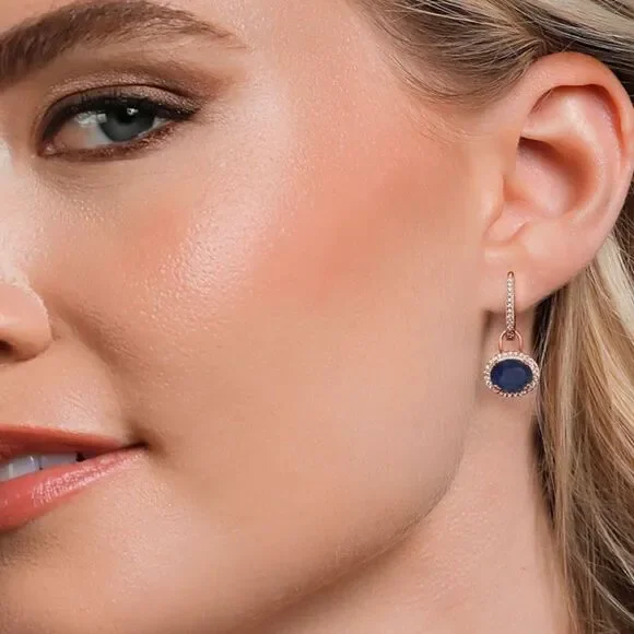 18K Yellow Gold 925 with 5.84 Cttw Navy Blue Sapphire Oval French Lock Earrings